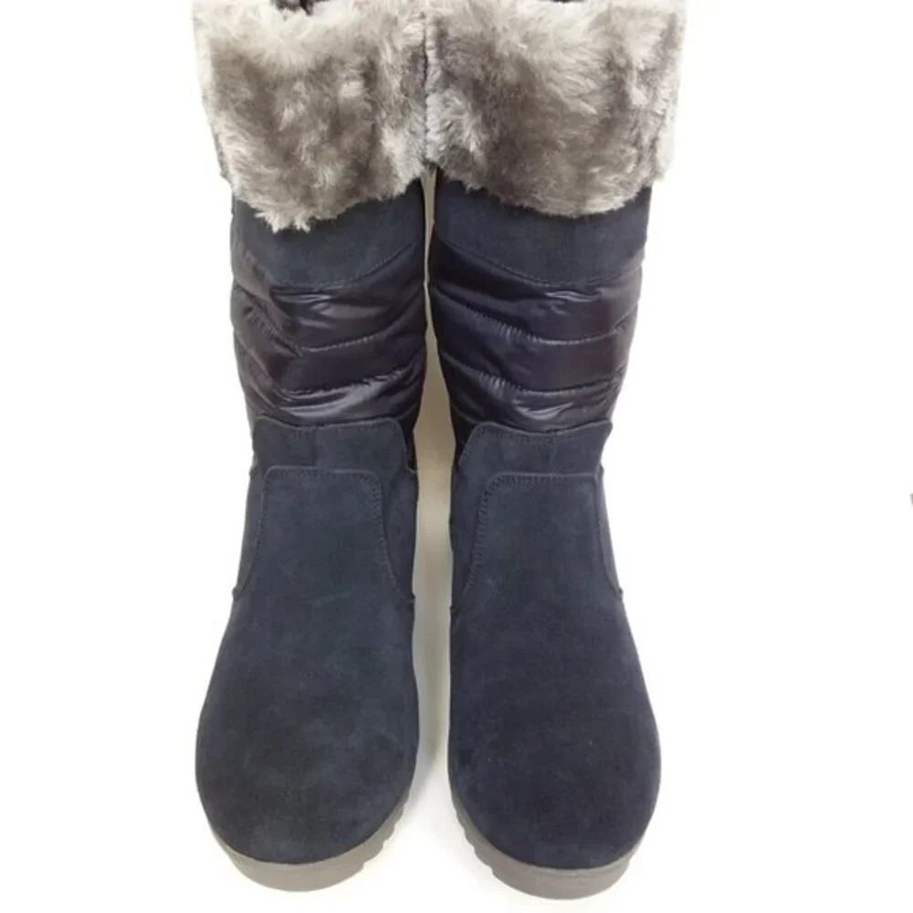 Lands' End Wide Width Faux Fur Topped Boots Pull-on Navy 7.5D
